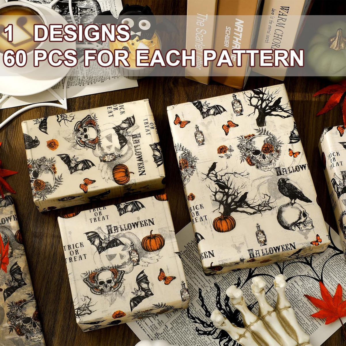 JarThenaAMCS 60 Pcs Halloween Tissue Paper Retro Gothic Skull Crow Pumpkin Wrapping Paper
