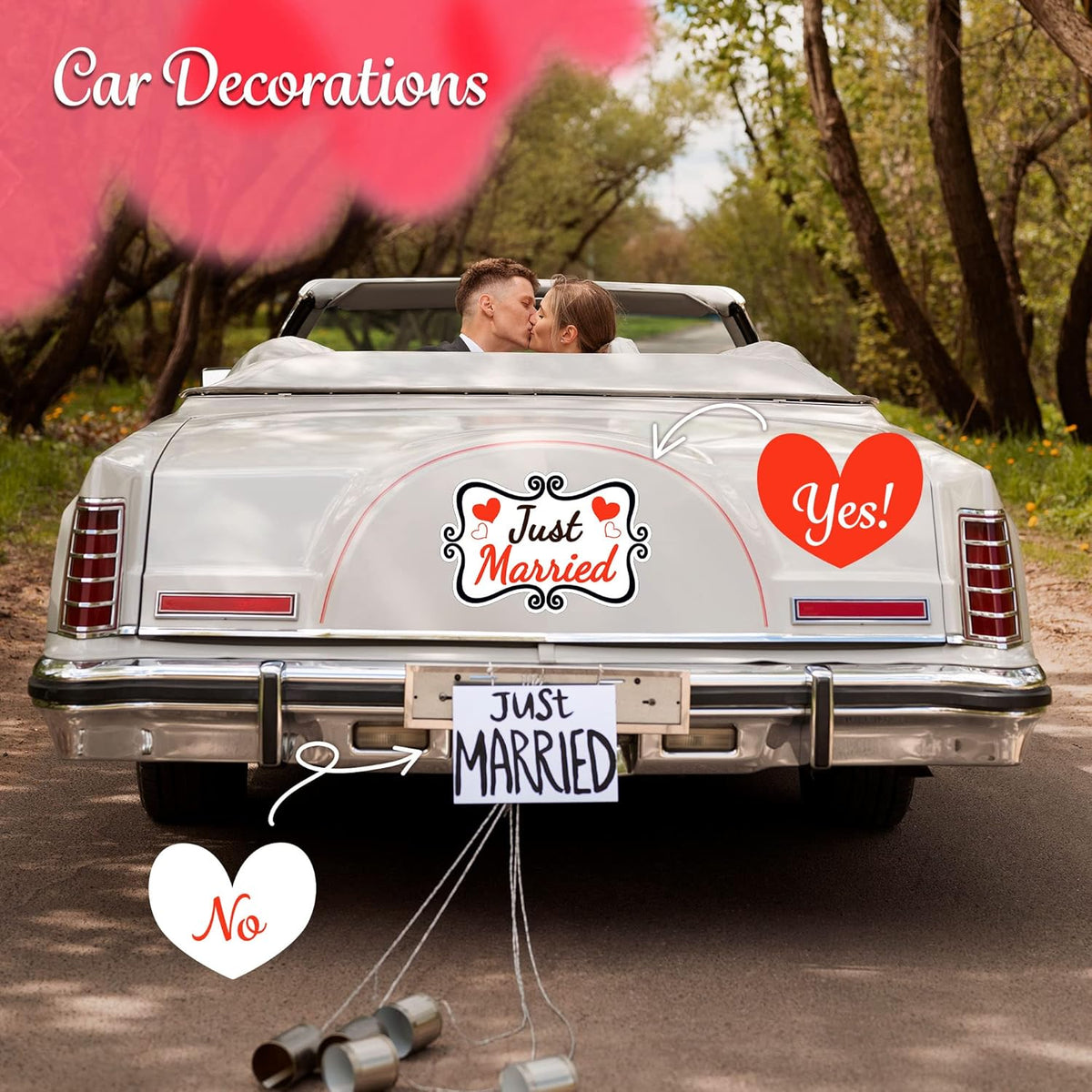 Just Married Car Decorations, 12x8 Magnet Decals for Vehicles, 2 Pack Wedding Car Decor, Removable