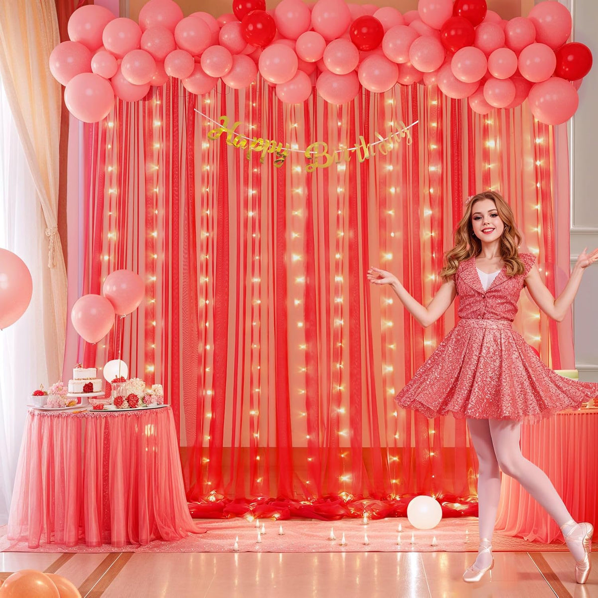 Red Tulle Backdrop Curtain with Lights String for Parites 10x8ft Red Sheer Backdrop Curtains Drapes