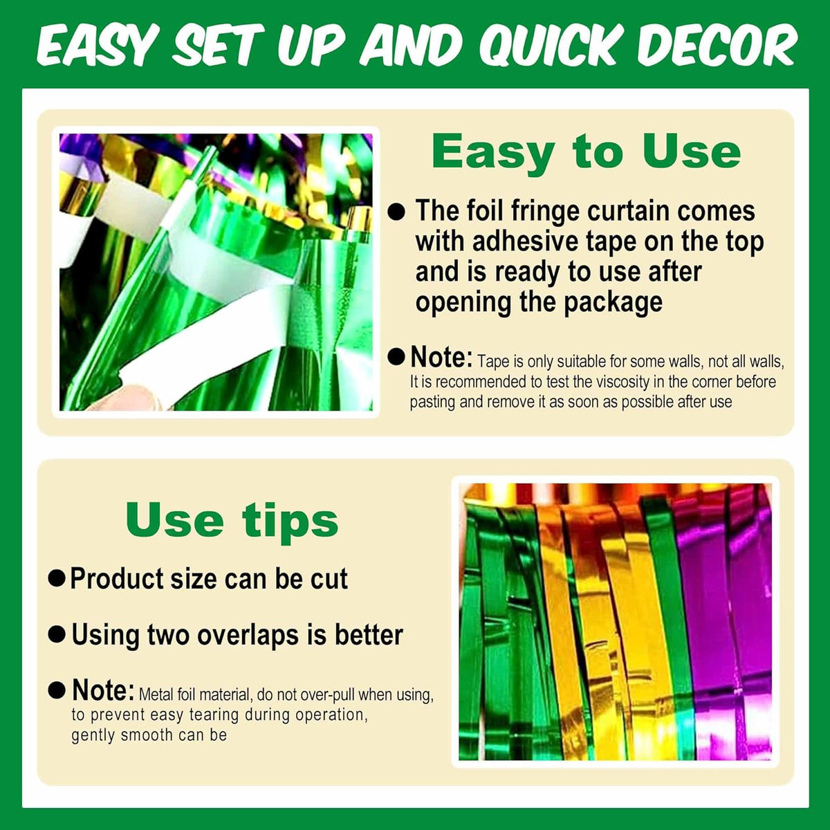 3 Pack Gold Green Purple Foil Fringe Curtains Backdrop, 3.28 x 9.8 Ft Metallic Streamers Tinsel