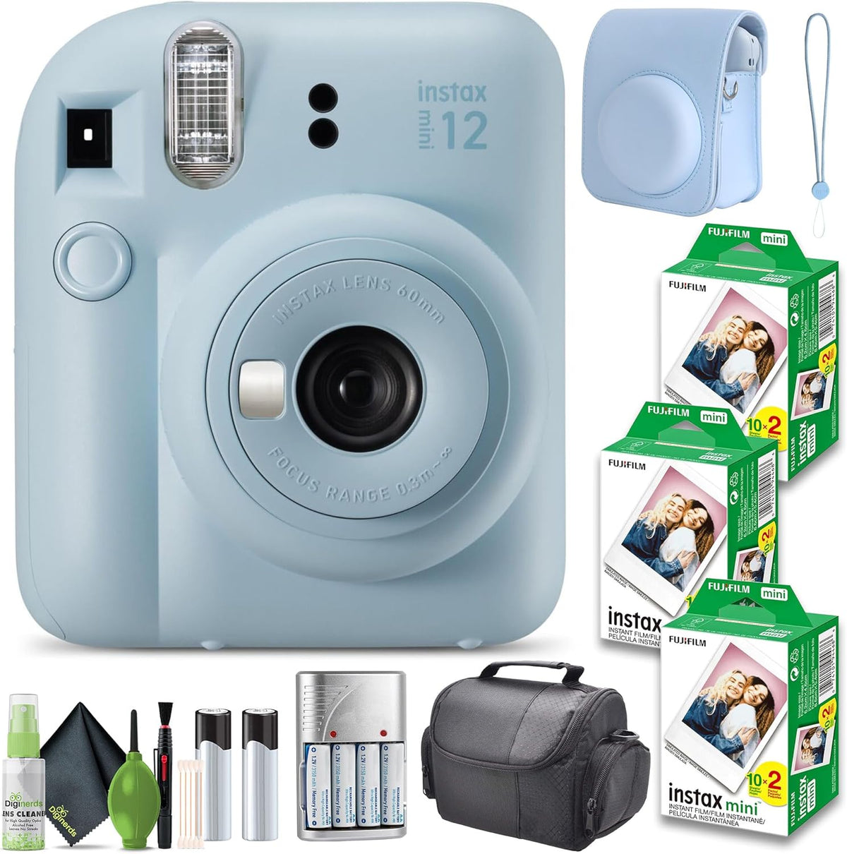 FUJIFILM INSTAX MINI 12 Film Camera Pastel Blue Bundle with Instant Film- 60 Photo Sheets with