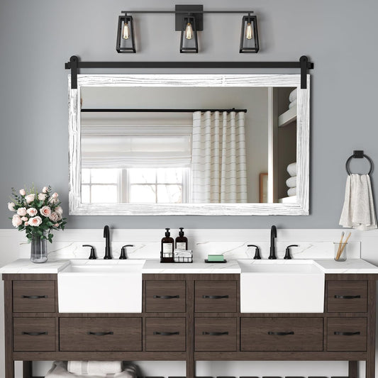 COGOOD Farmhouse Bathroom Mirror - 49 x 30 Rustic Wood Framed Wall Barn Door Mirror for Entryway