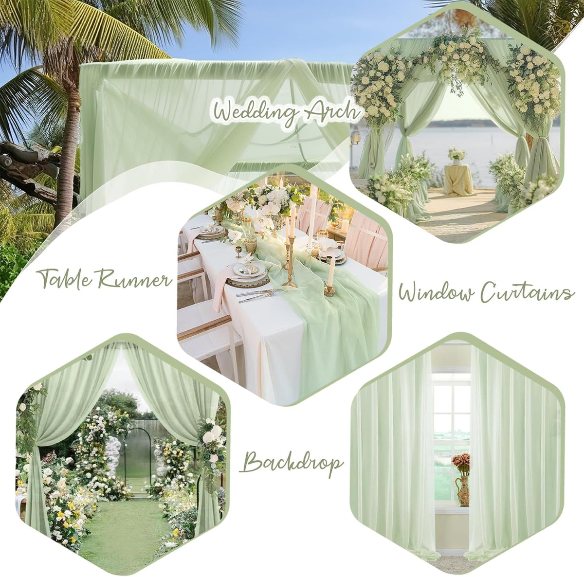PARTISKY 10x7ft Sage Green Chiffon Backdrop Curtains, Wrinkle-Free Sheer Fabric Photo Drapes for