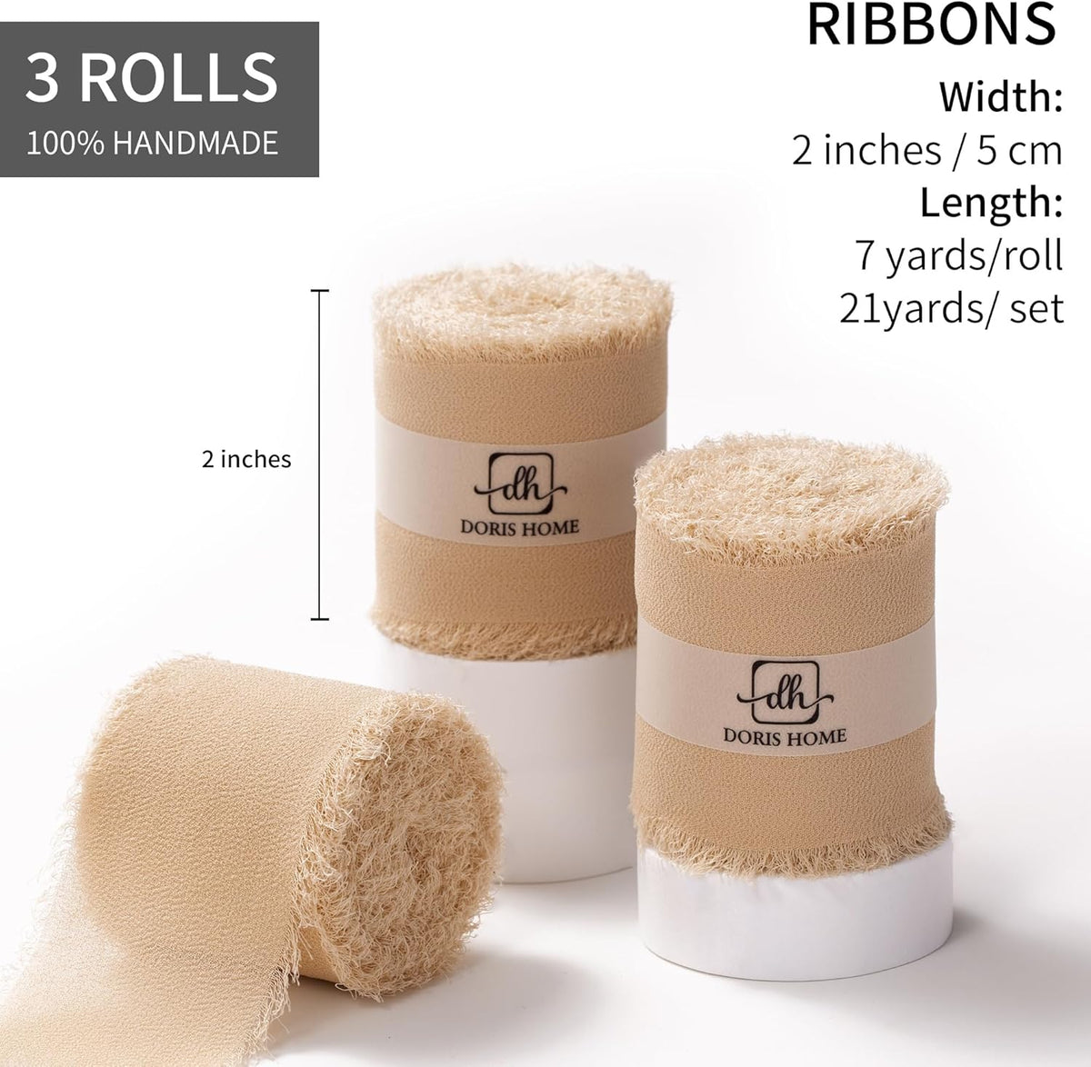 DORIS HOME Nude Chiffon Ribbon for Flower Bouquet, 2" x21Yd Fabric Ribbon for Gift Wrapping