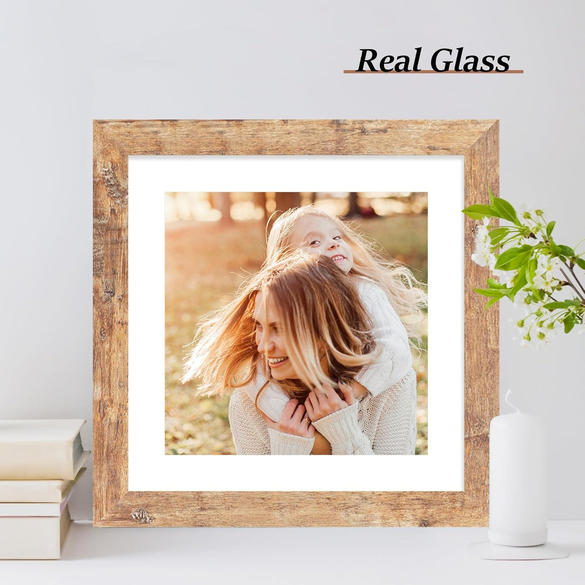 10x10 Picture Frame Set of 4 with Real Glass, Rustic Brown Frames Display 8x8 Picture with Mat or