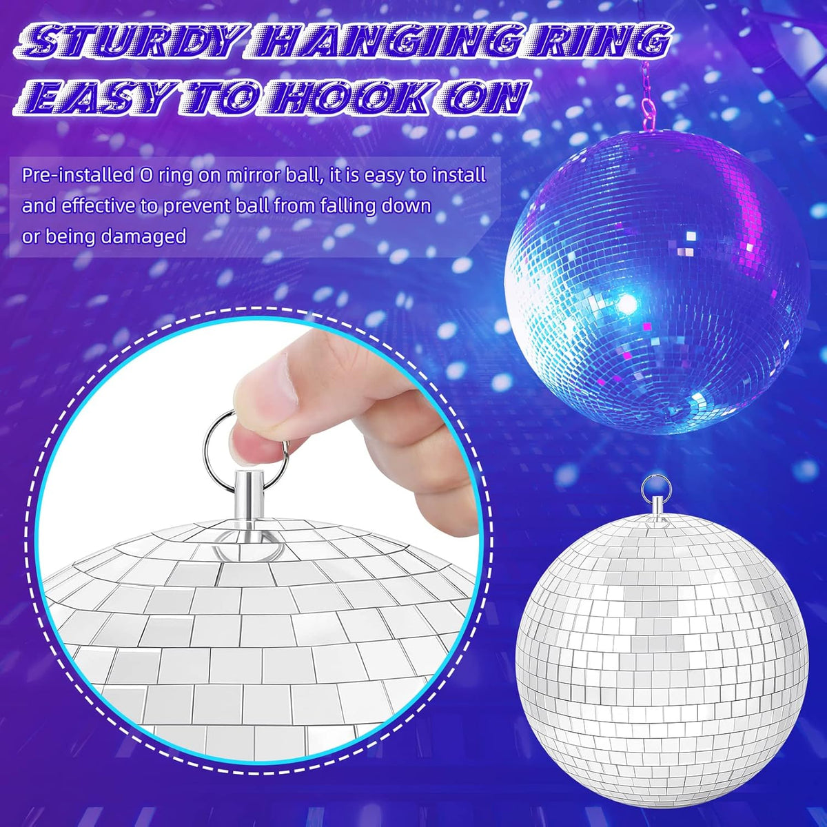 Disco Ball with Motor and Light, 8" Hanging Mirror Ball and 6RPM Batteries Powered Rotating Motor