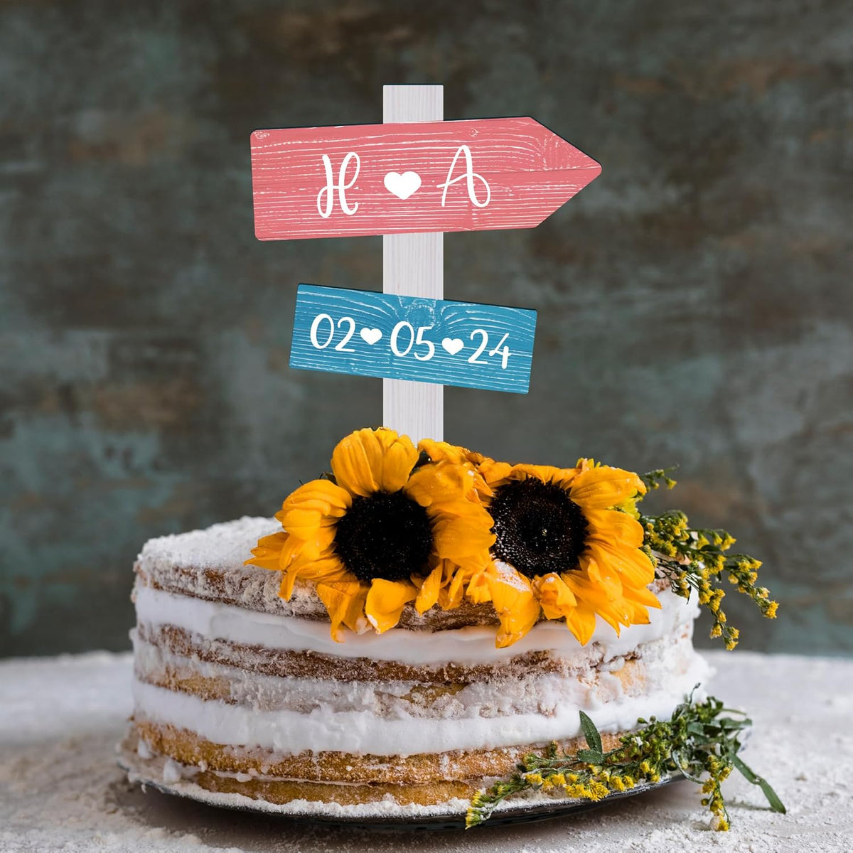 Personalized Rustic Wedding Cake Topper in Wood Custom Bride & Groom Names Initials Wedding Date