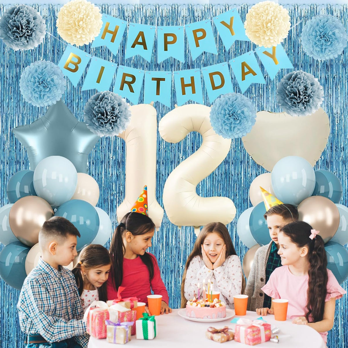 Dusty Blue 12th Birthday Party Decorations Boys Girls Beige Cream Number 12 Balloon with Blue Gold