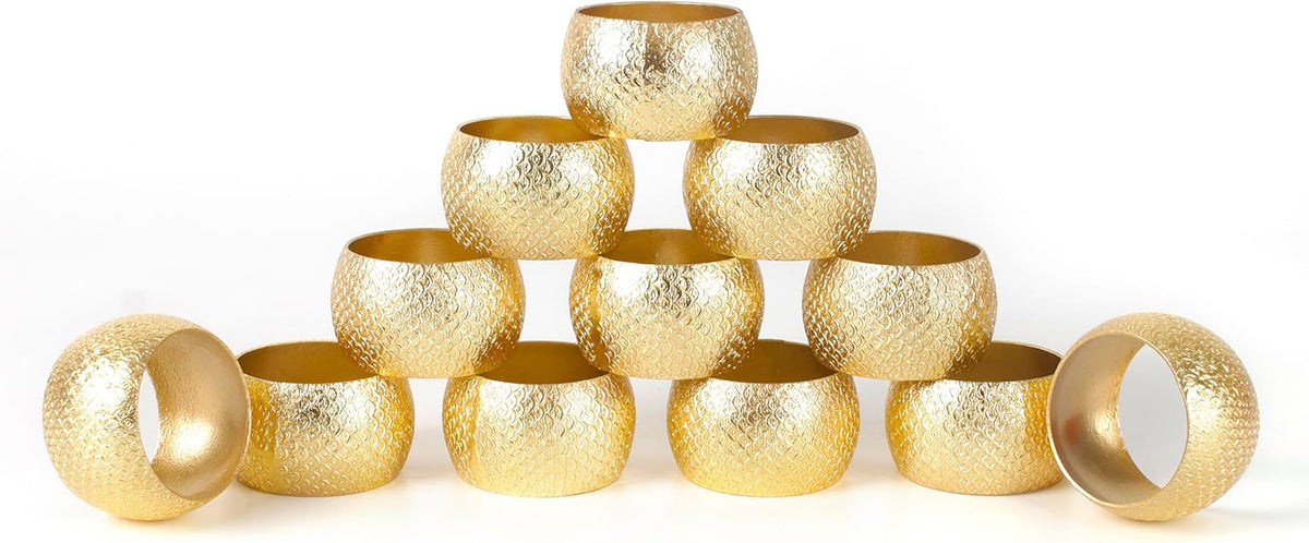 Gold Napkin Rings Set of 12 - Metal Heavy Duty Serviette Holders | Perfect for Dining Table