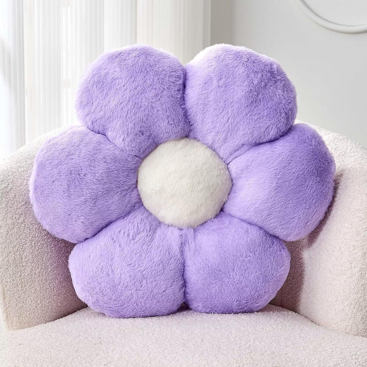 Lavender Flower Pillow, Cute Decorative Flower Shaped Throw Pillow with Faux Rabbit Fur, 19.6" Soft
