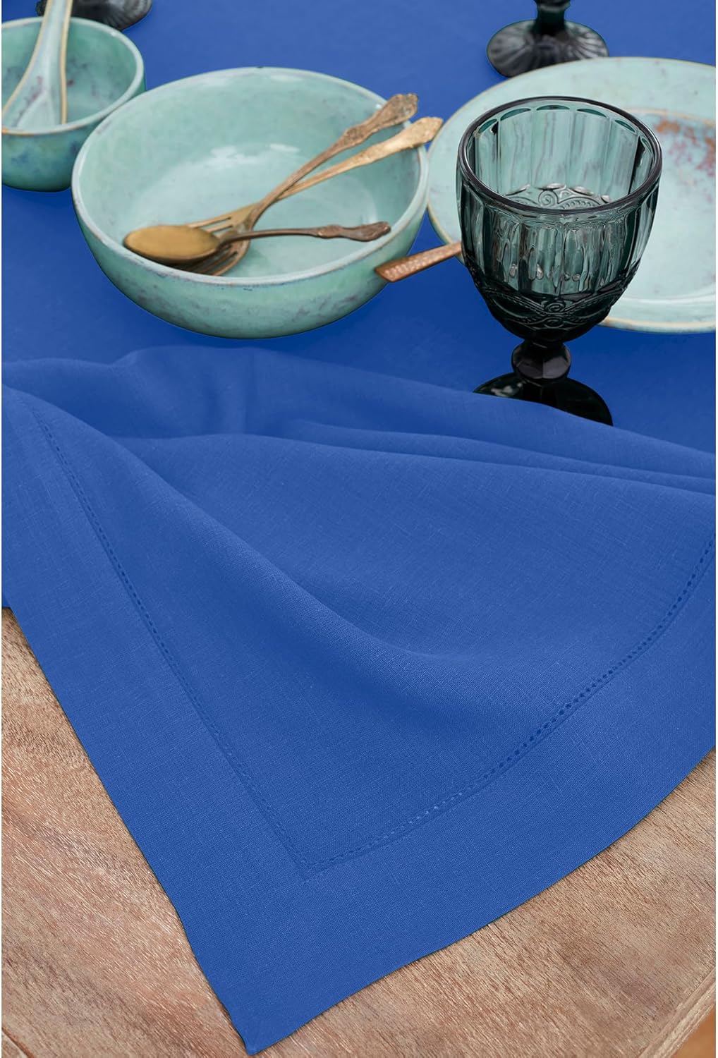 Solino Home Royal Blue Linen Tablecloth 60 x 144 Inch - 100% Pure Linen Hemstitch Table Cloth for