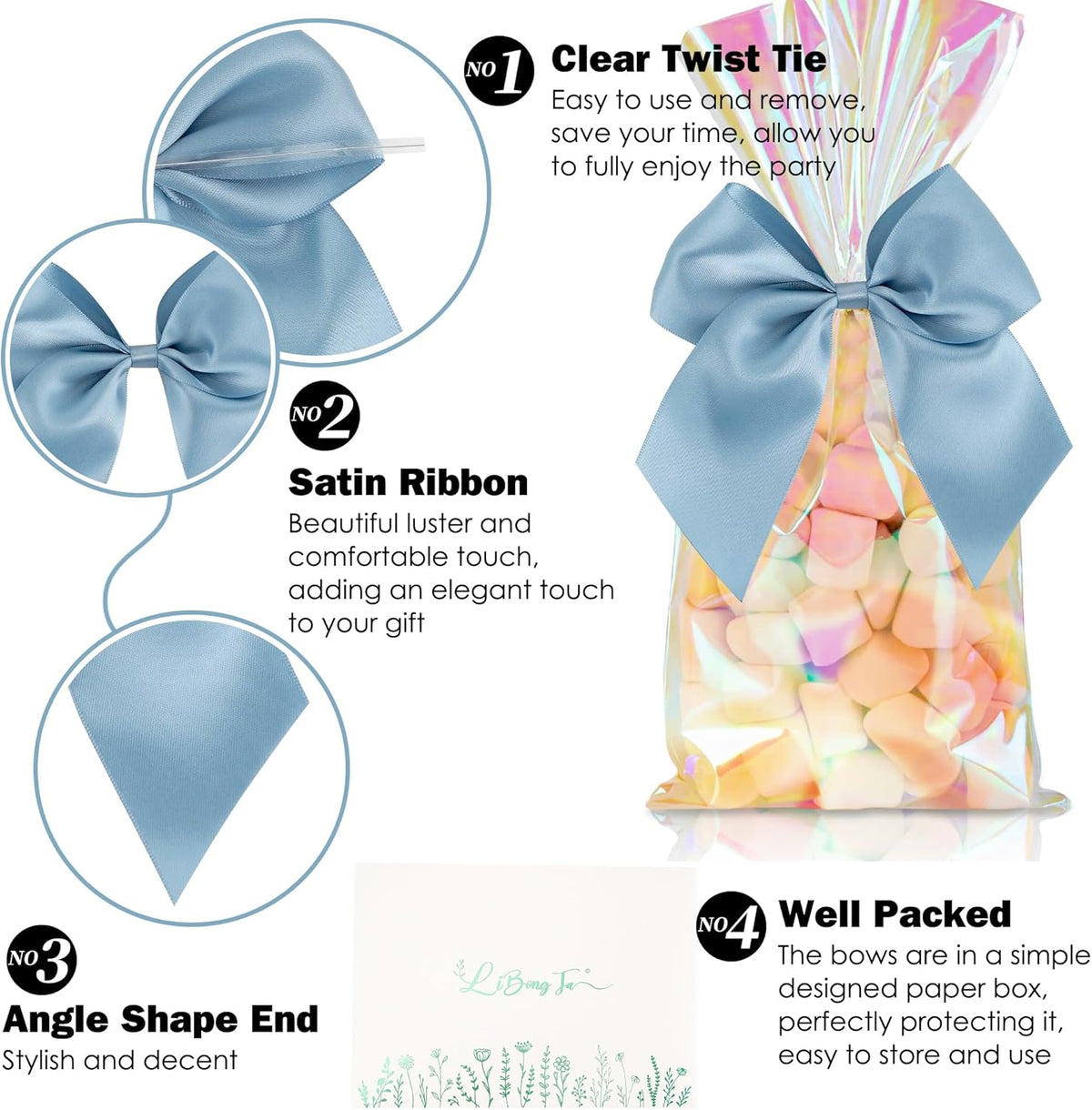 5'' Dusty Blue Bow Party Decorations Satin Bows, Twist Tie Bows for Treat Bags, Cake Pops, Pre-tied