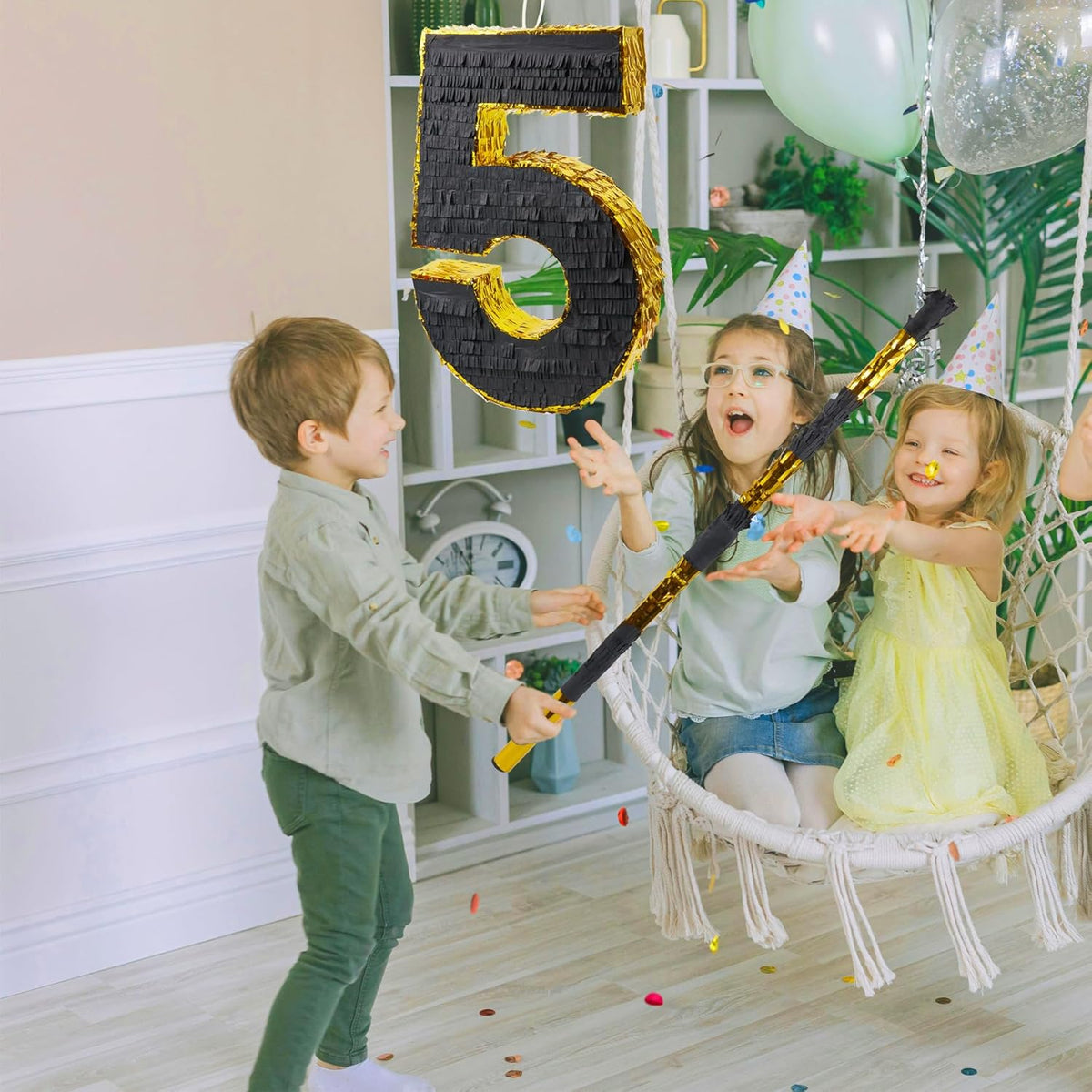PCFING 20 Inch Number 5 Piñata Gold Black with 30 Inch Piñata Stick Blindfold Confetti for Man