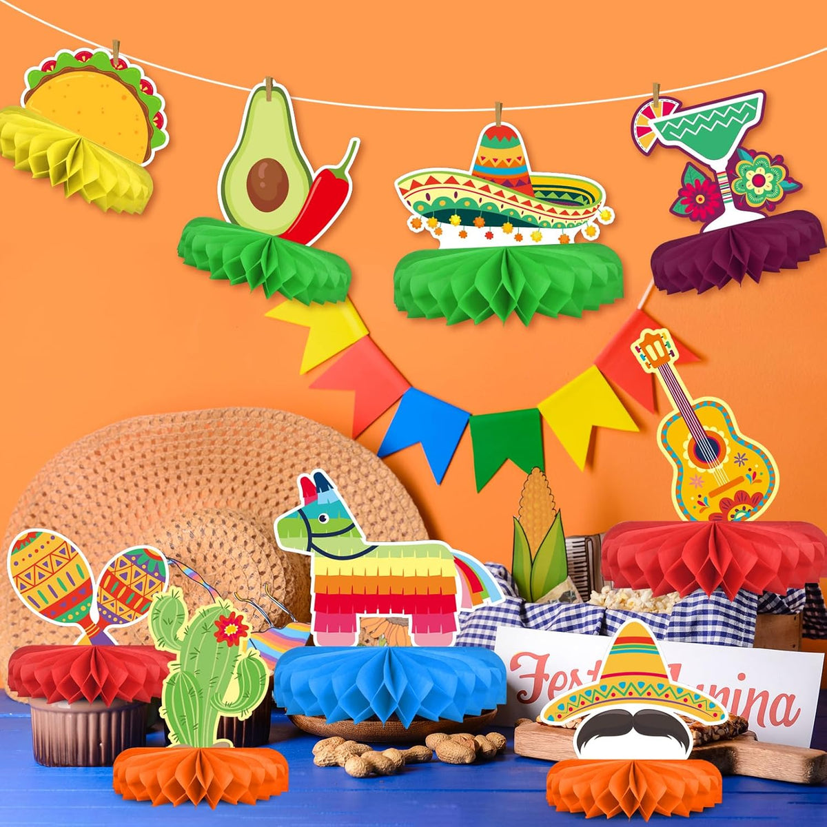Fiesta Party Decorations - Authentic Mexican Themed Honeycomb Centerpiece for Cinco De Mayo, Taco