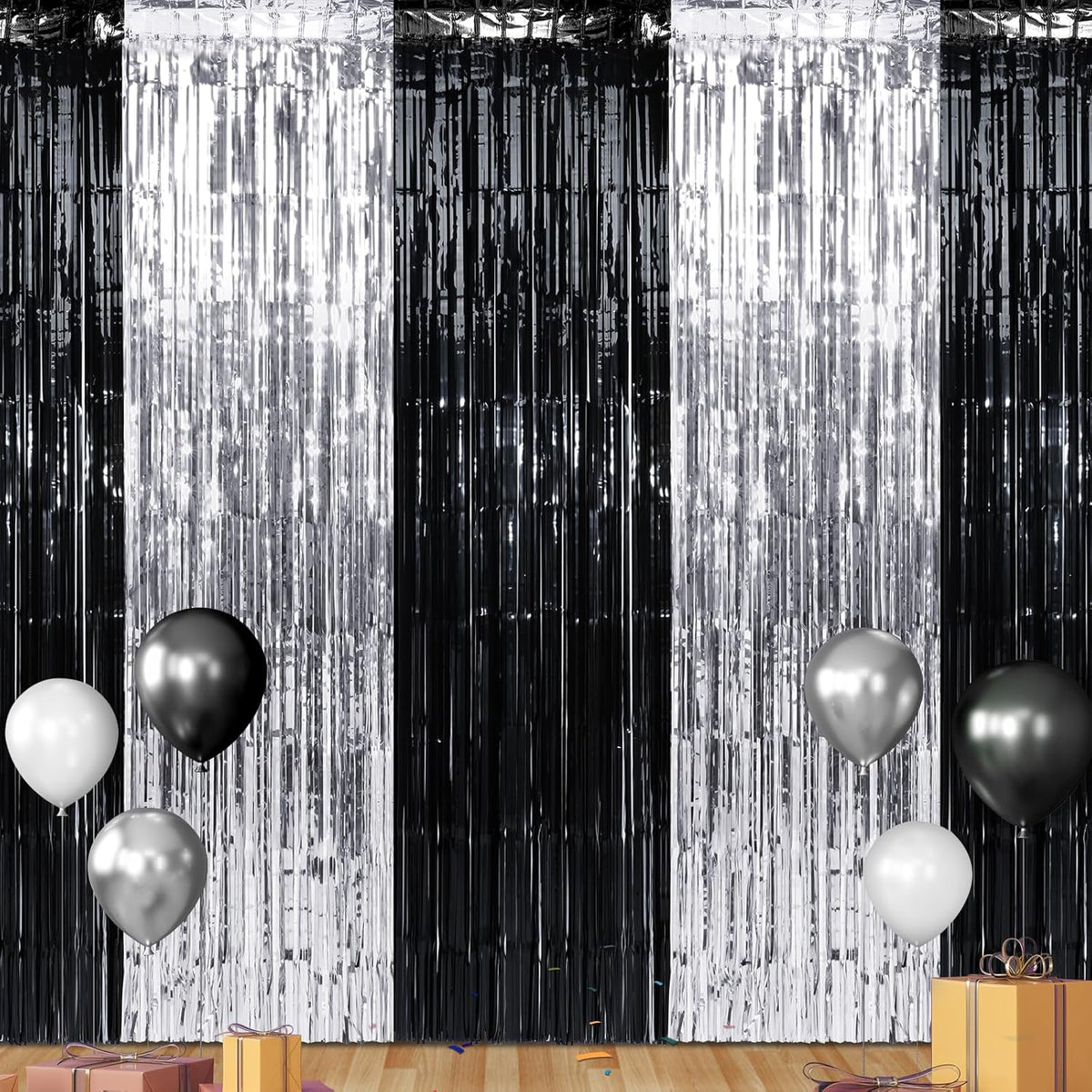 3 Pack 3.3Ft x 6.6Ft Graduation Foil Fringe Curtain Backdrop Decorations, Black Silver Metallic