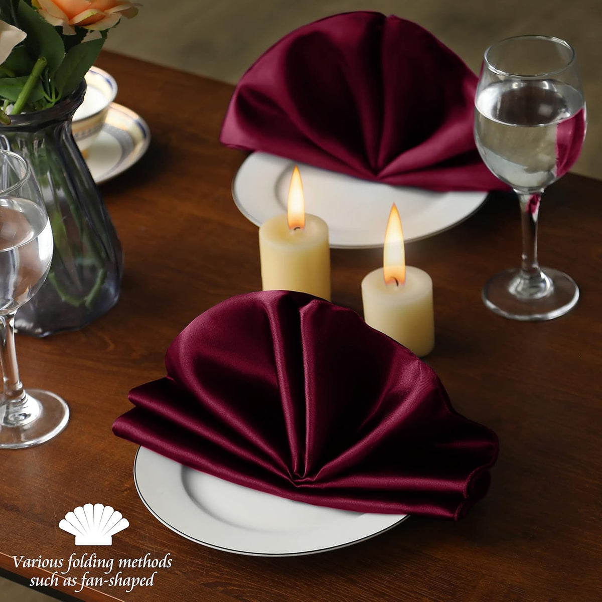 Manyshofu 60 Pieces Maroon Satin Napkins - 20x20 Inches Cloth Napkins, Square Satin Fabric Napkins