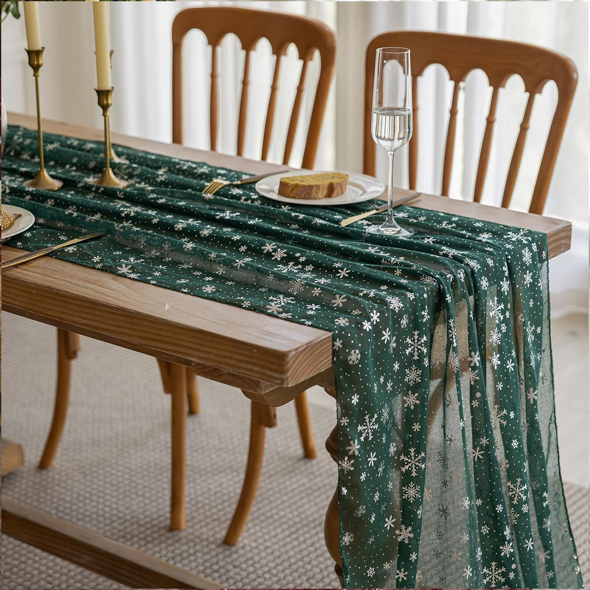 Silvery Snowflake Metallic Print Tulle Christmas Table Runner, Seasonal Winter Kitchen Dining Table