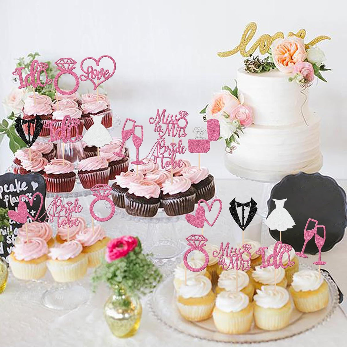 30 PCS Bride to Be Cupcake Toppers Glitter Miss to Mrs I Do Love Heart Ring Cupcake Picks Wedding