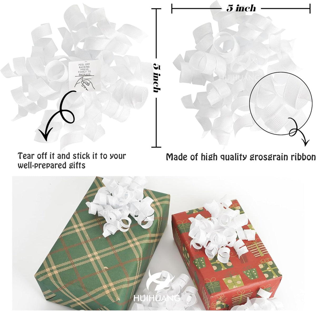HUIHUANG White Bows for Gift Wrapping, White Curly Ribbon Bows Self Adhesive Burst Gift Bow for