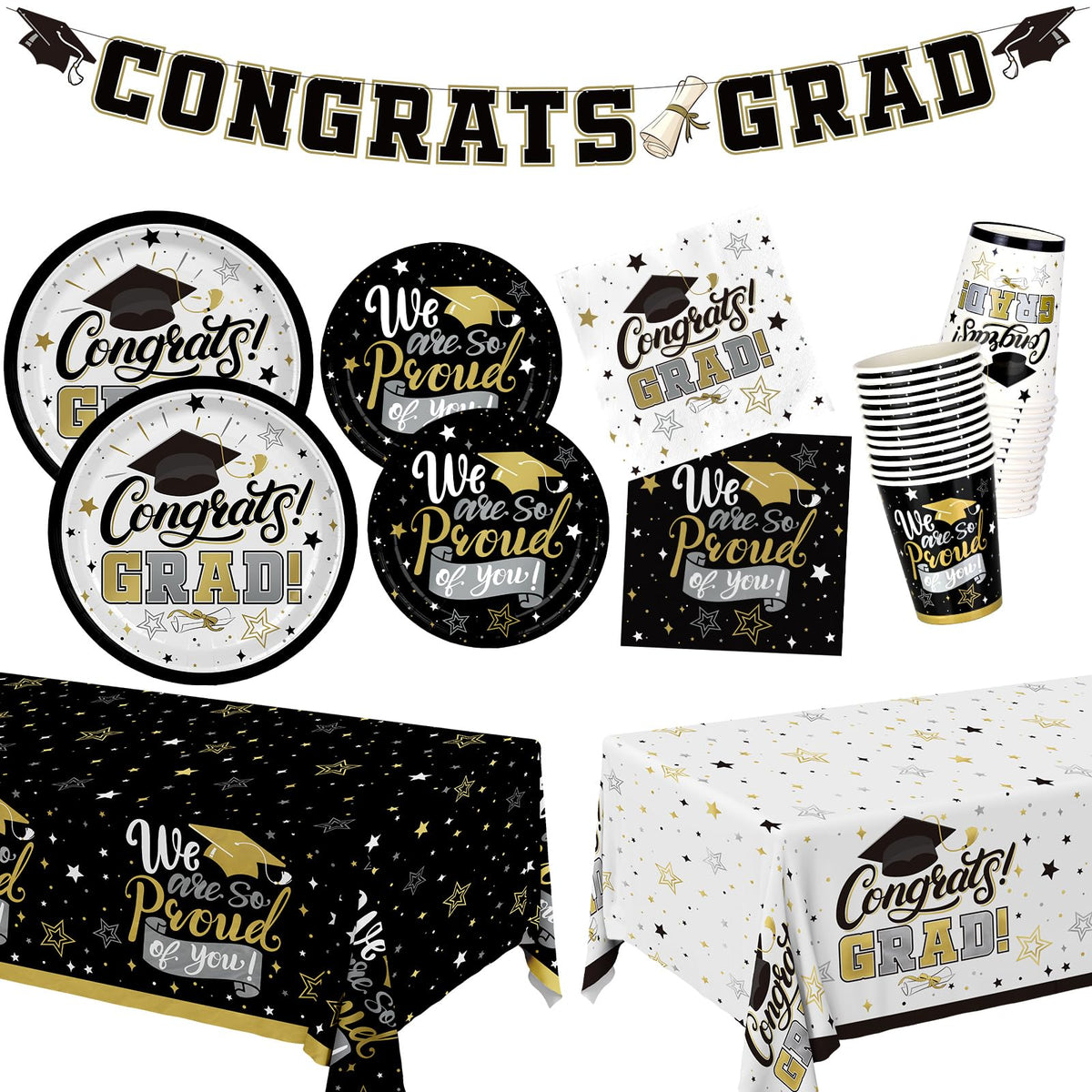 Graduation Decorations 2026 Black and Gold Grad Party Supplies with Disposable Plates, Napkins