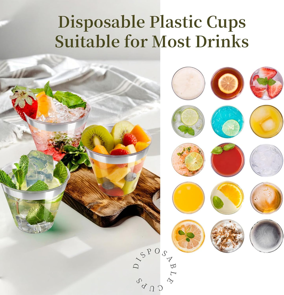 [200 Pack] 9oz Clear Plastic Cups with Silver Rimmed Sturdy & Food Safe Disposable Wine Glasses