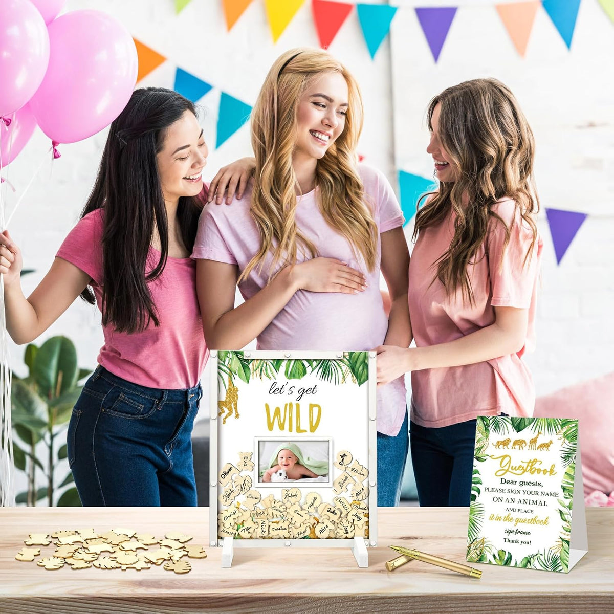 65 Pcs Jungle Animal Baby Shower Guest Book Alternatives He or She Gender Reveal Baby Shower