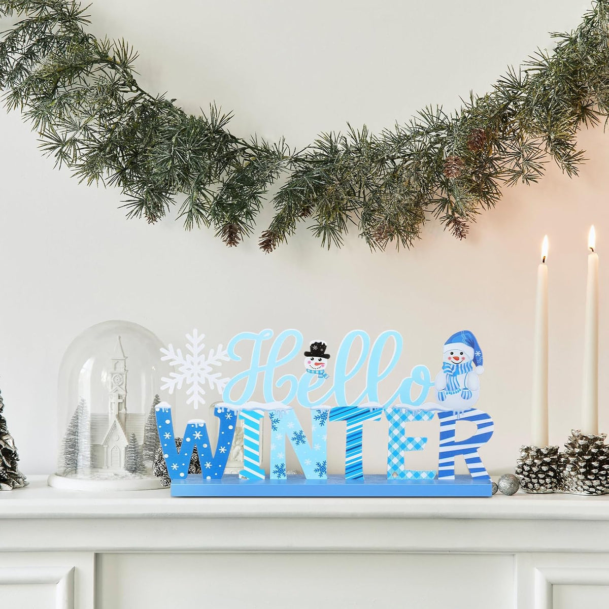 Winter Metal Sign Hello Winter Table Decor Christmas Tiered Tray Decor with Wooden Base Metal Blue