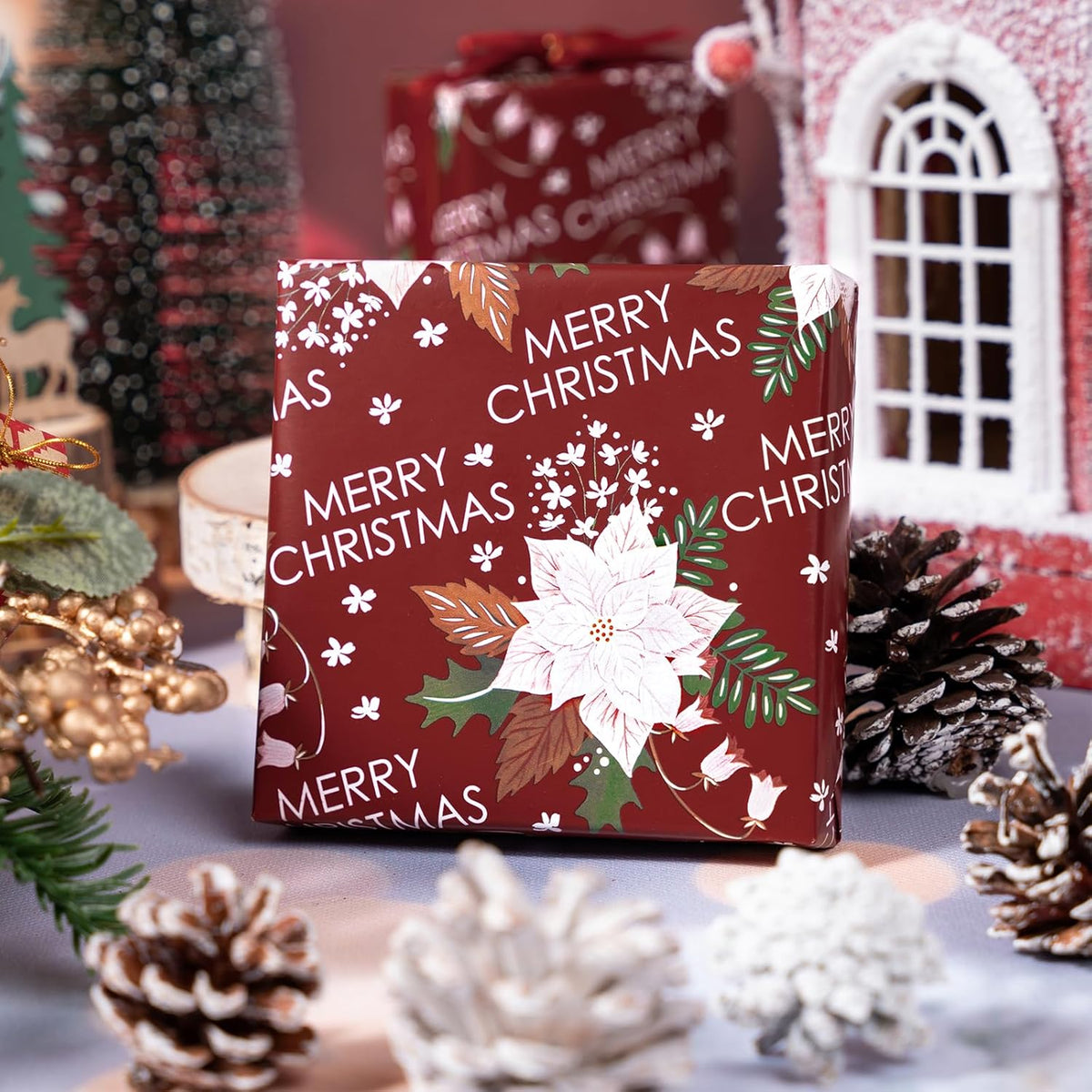 LeZakaa Christmas Wrapping Paper Roll - Red Flower & Merry Christmas Letter Pattern for Holiday