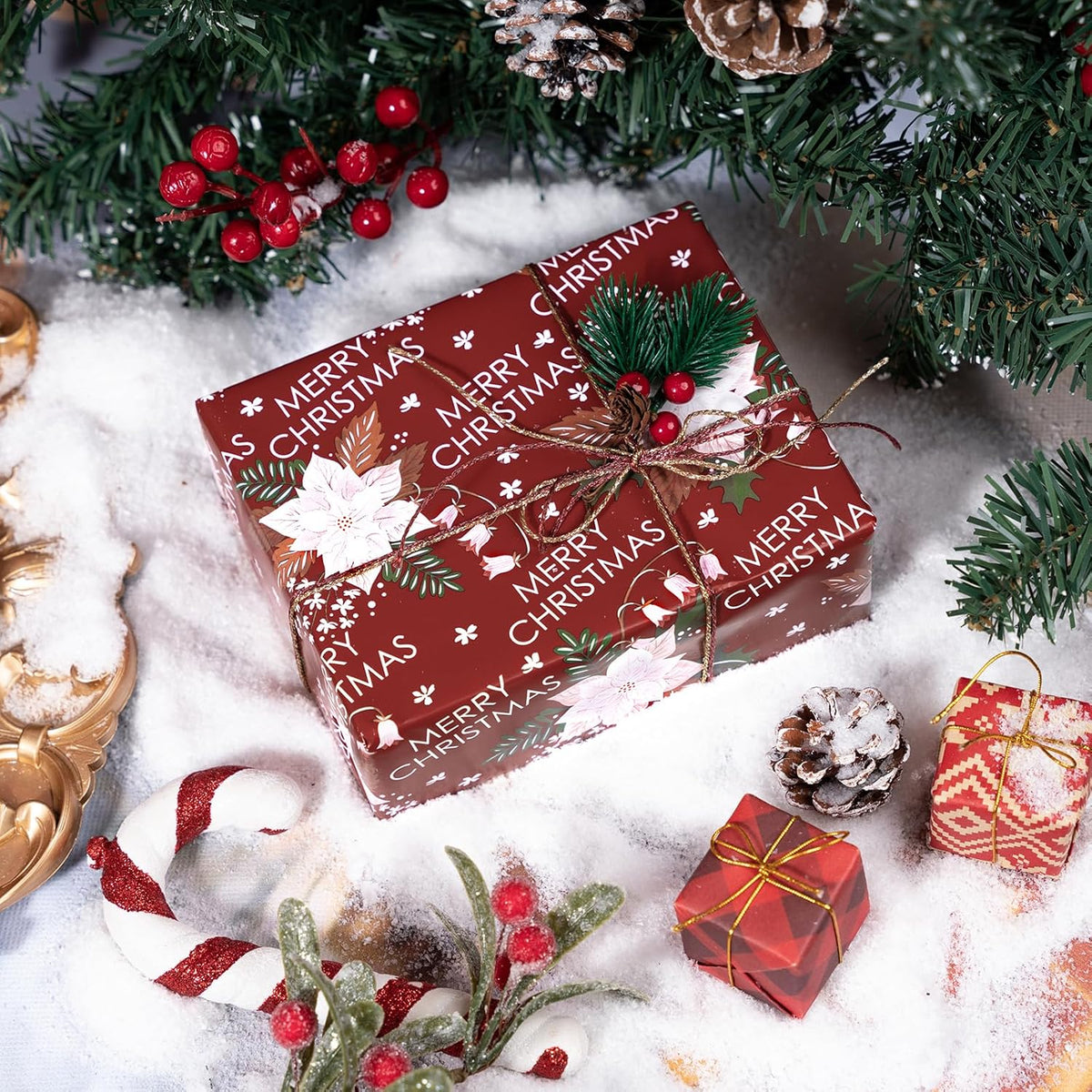 LeZakaa Christmas Wrapping Paper Roll - Red Flower & Merry Christmas Letter Pattern for Holiday