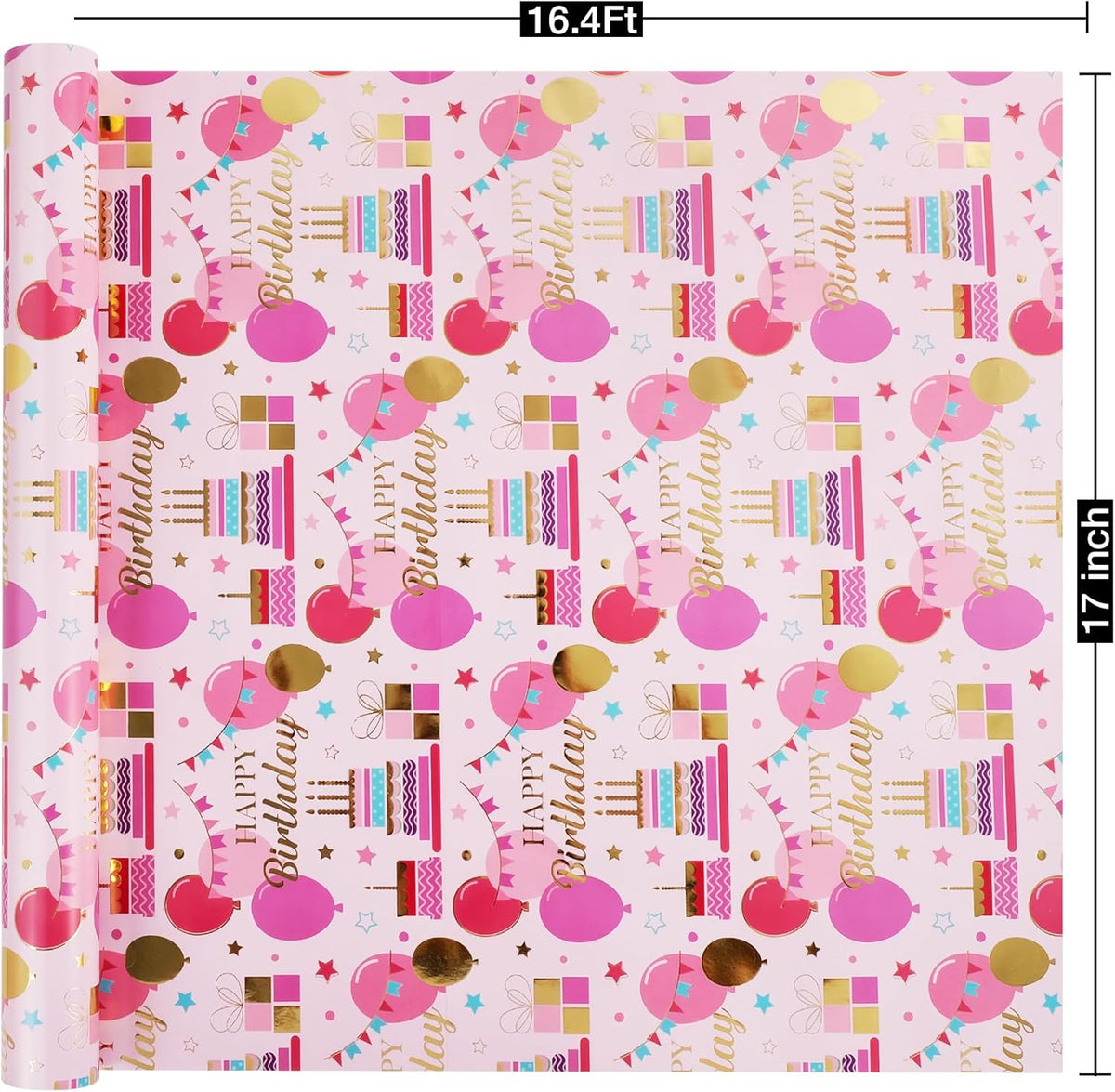 Aimyoo Pink Birthday Wrapping Paper Roll - 17 Inch X 16.4 Feet - Gold Foil Celebration Cake