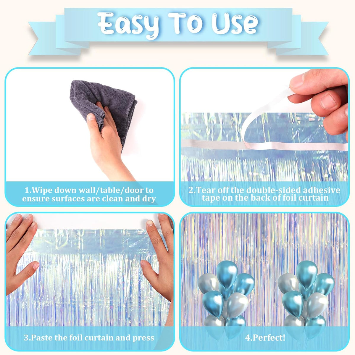 2 Pack Iridescent Foil Fringe Curtains, Holographic Tinsel Streamers Birthday Party Decorations