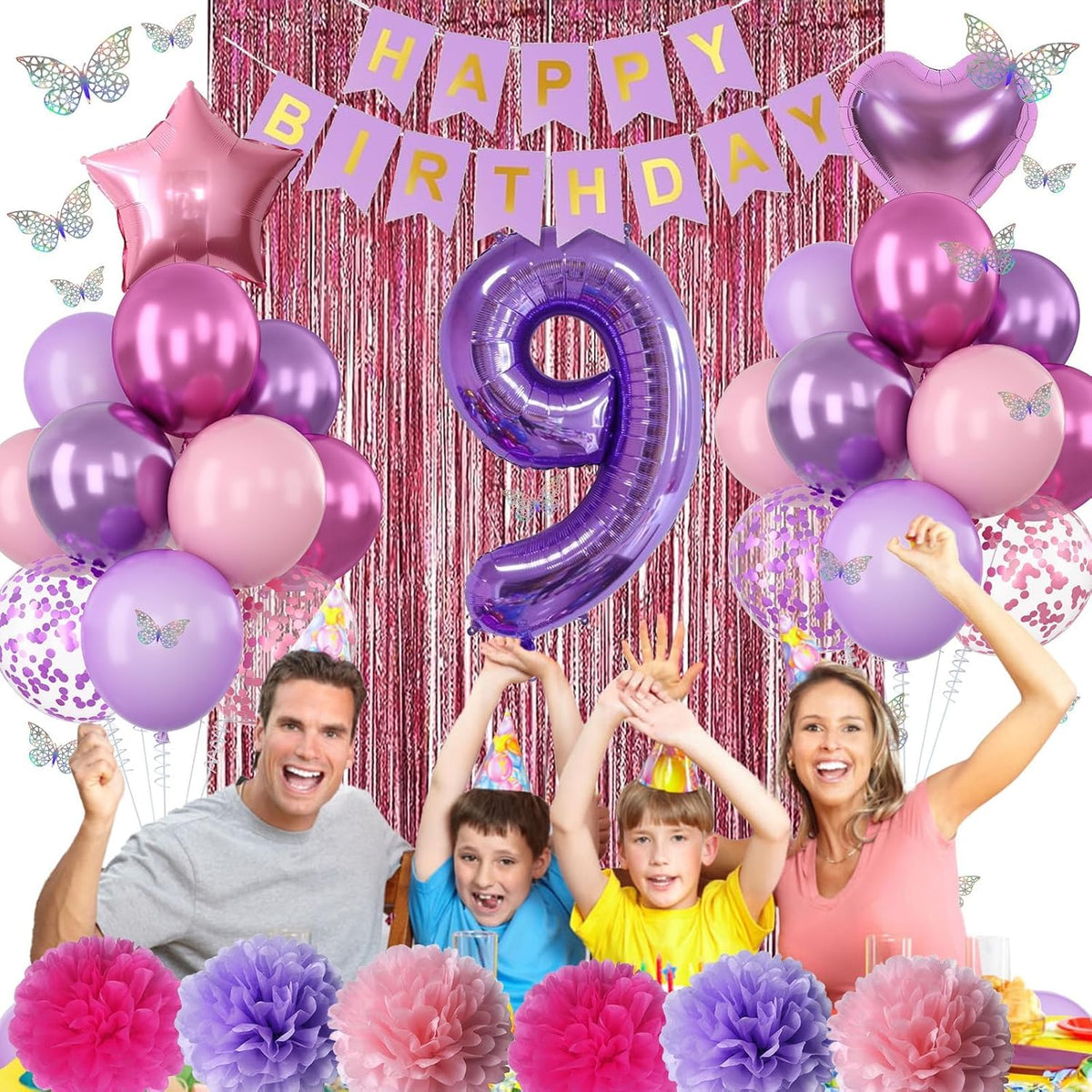 Pink Purple 9th Birthday Party Decorations for Girls Number 9 Balloon Happy Birthday Banner