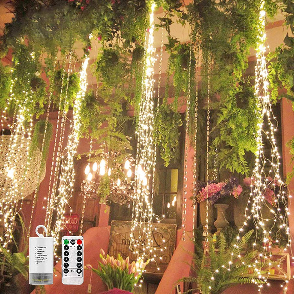 220 LED Firefly Bunch Lights Battery Operated, 8 Flashing Modes Waterproof Copper Wire Waterfall