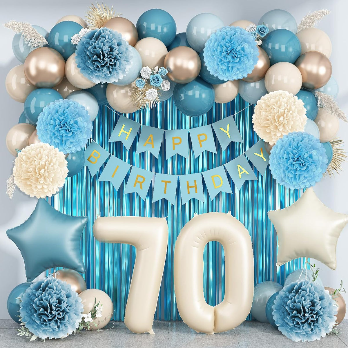 Dusty Blue 70th Birthday Party Decorations for Women Men Beige Cream Number 70 Balloon with Blue