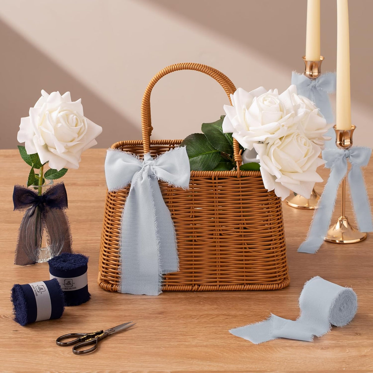 DORIS HOME Dark Navy Chiffon Ribbon for Flower Bouquet, 2" x21Yd Fabric Ribbon for Gift Wrapping