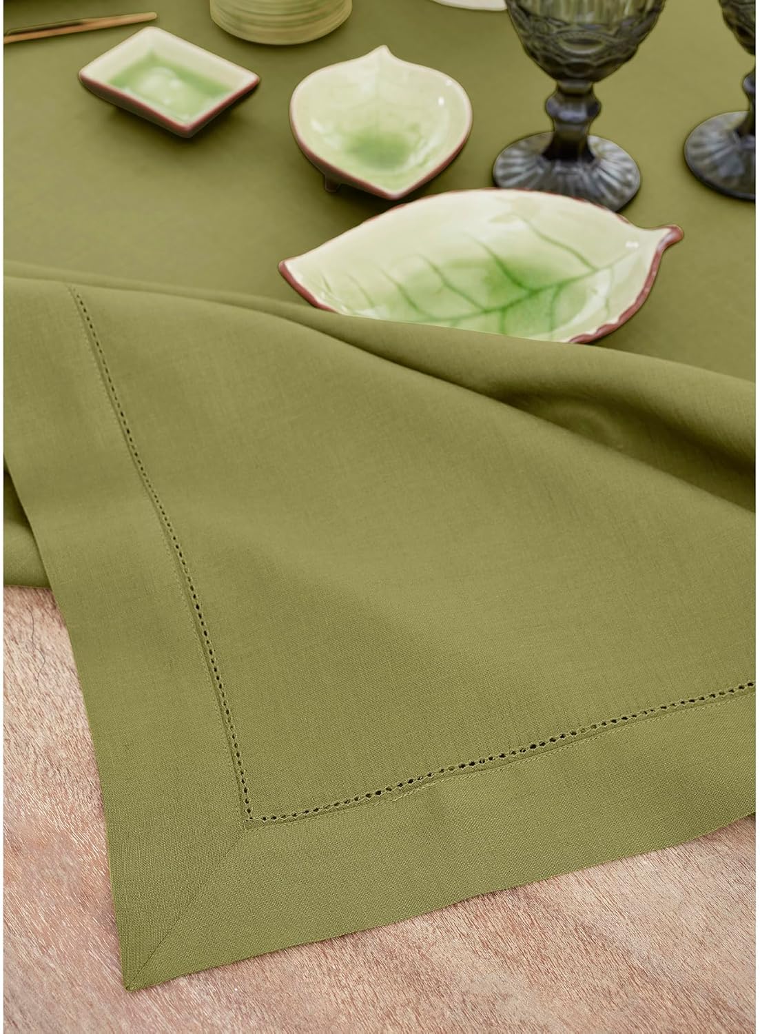 Solino Home Linen Avocado Green Tablecloth 60 x 108 Inch - Classic Hemstitch, 100% Pure Linen