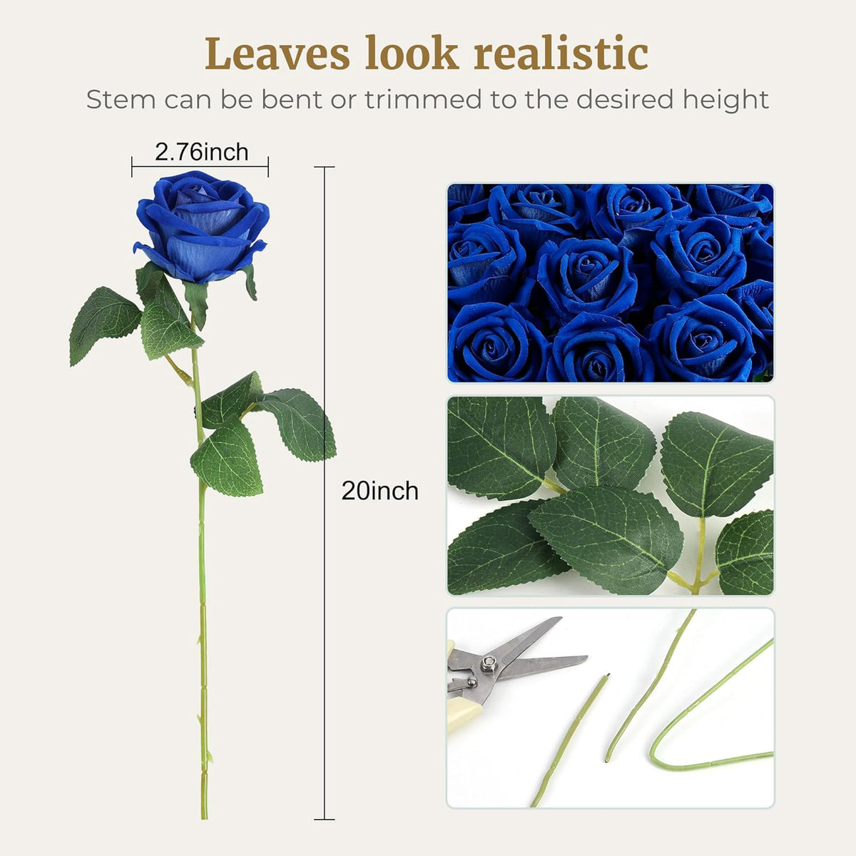 Auihiay 60PCS Fake Blue Roses, Artificial Blue Flowers, Silk Faux Rose with Long Stems for Wedding