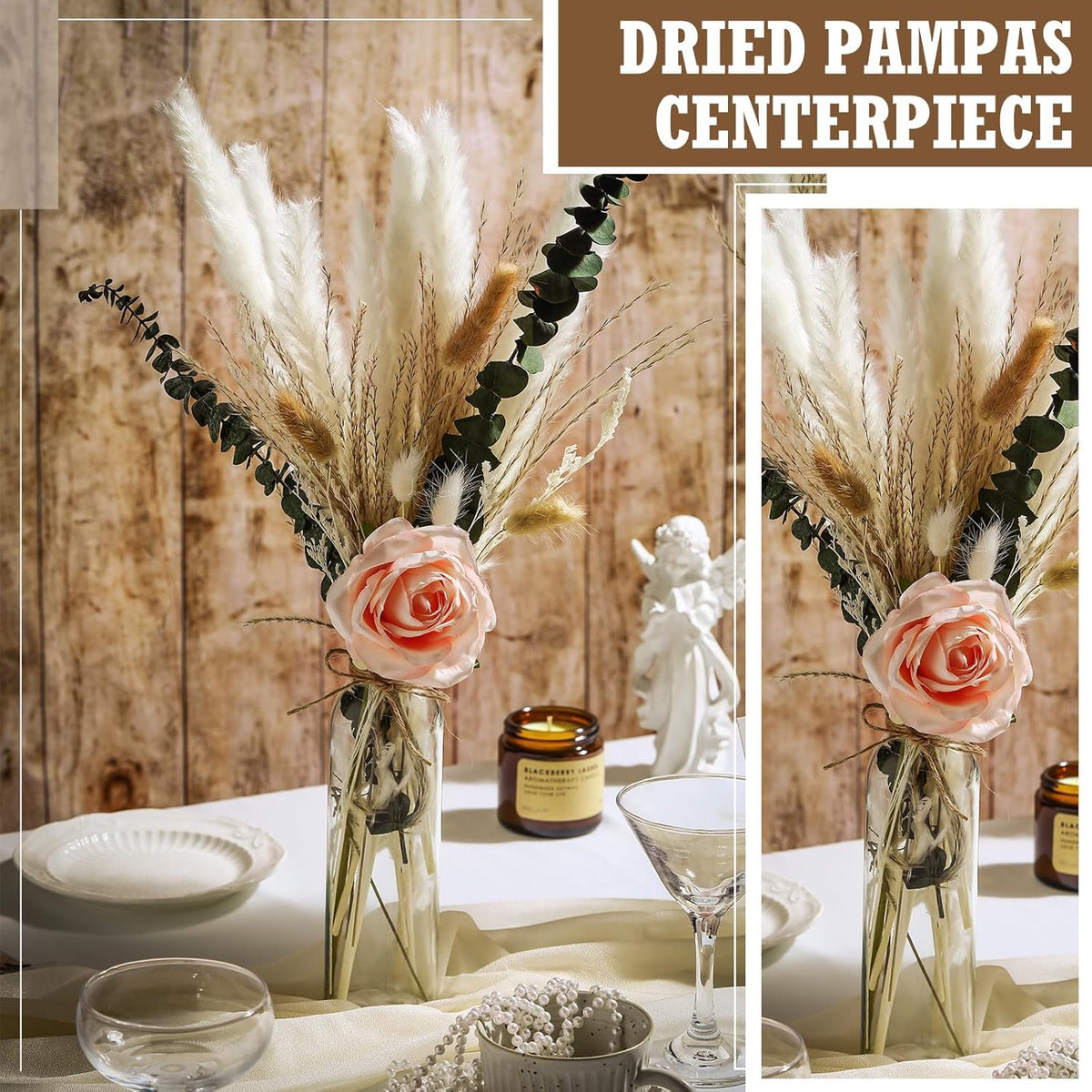 10 Set Dried Pampas Grass Centerpiece for Wedding 10 Clear Glass Jars 10 Artificial Roses 80 Dried