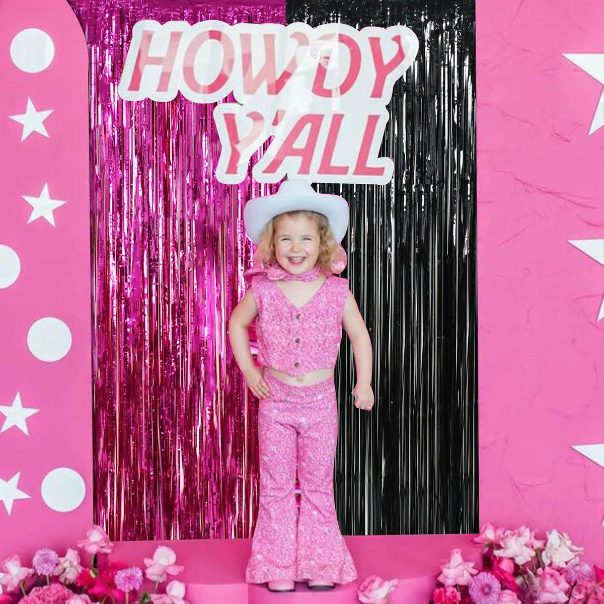 BEISHIDA 4 Pcs Hot Pink Black Door Streamers Curtain Party Streamers Backdrop Pink Party Hot Pink