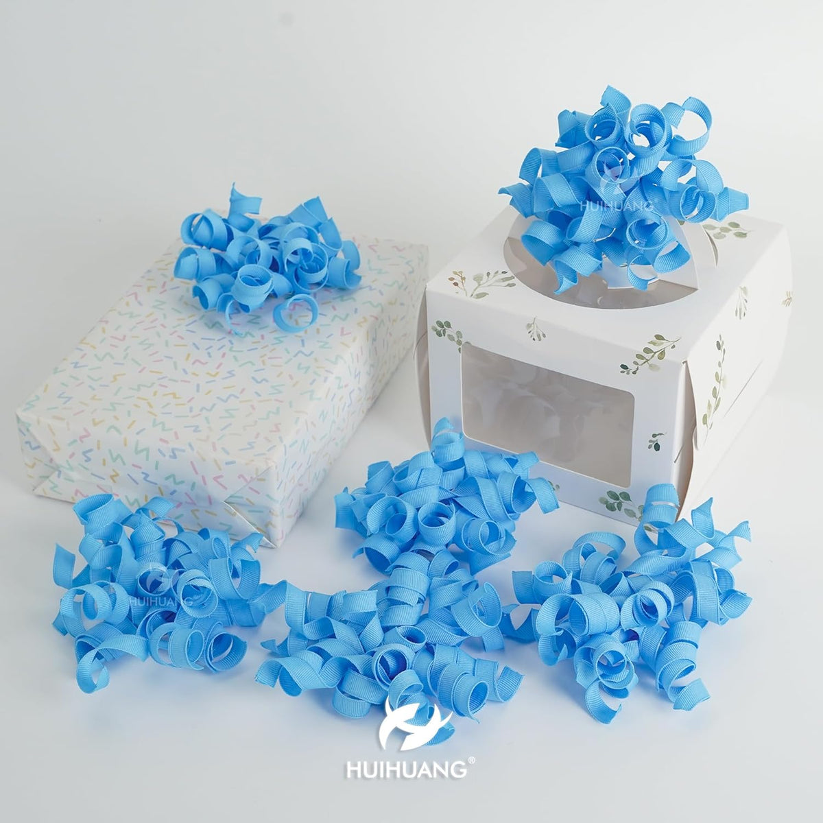 HUIHUANG Baby Blue Bows for Gift Wrapping, Blue Curly Ribbon Bows Self Adhesive Burst Gift Bows for