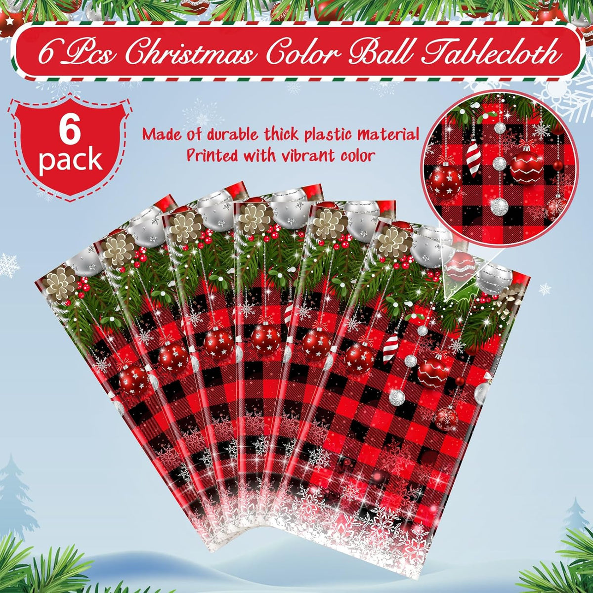 6Pcs Christmas Buffalo Plaid Snowflake Tablecloths,Plastic Red and Black Checkered Rectangle