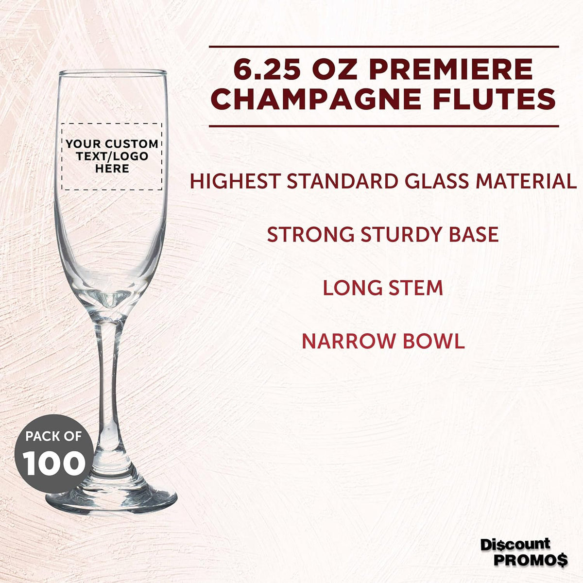 DISCOUNT PROMOS Custom Premiere Champagne Flutes 6.25 oz. Set of 100, Personalized Bulk Pack