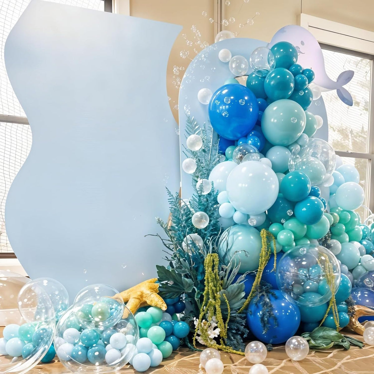 Ocean Balloons, 12 Inch Dark Light Blue Teal Clear Pearl Transparent Metallic Latex Balloons for