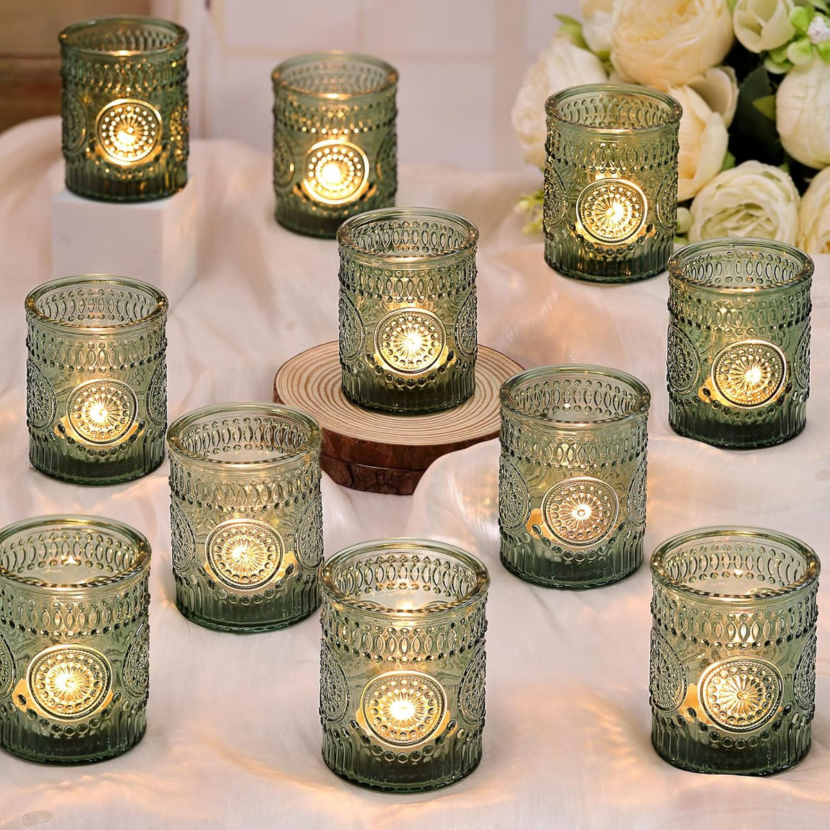 DARJEN Green Votive Candle Holders Set of 36- Glass Candle Holders Bulk for Flameless LED Tea