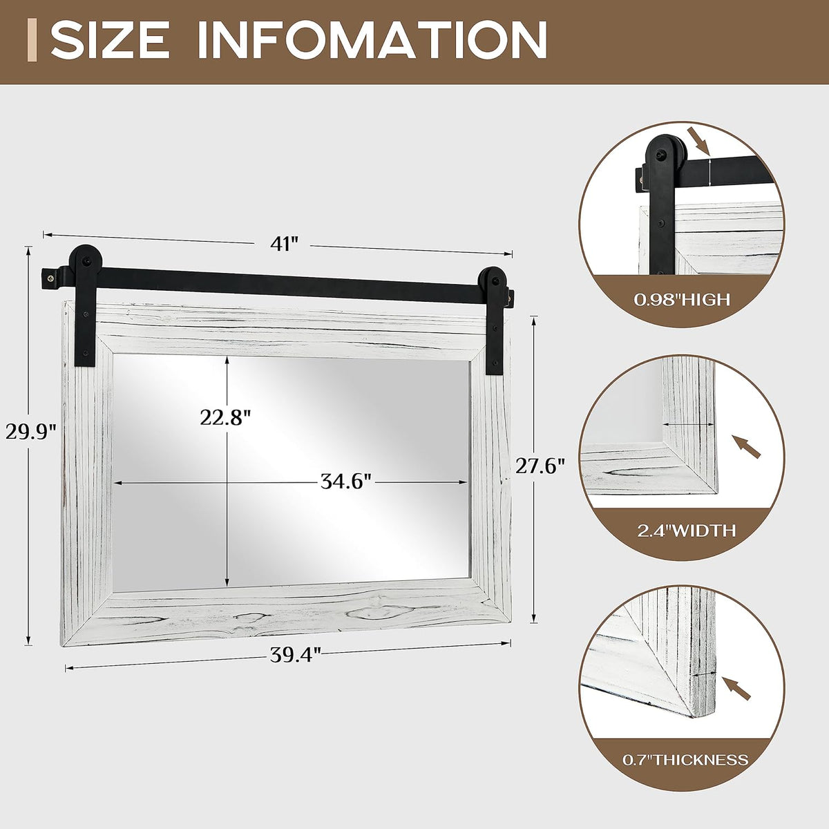 COGOOD Farmhouse Bathroom Mirror - 41" x 30" Rustic Barn Door Mirror for Living Room, Entryway