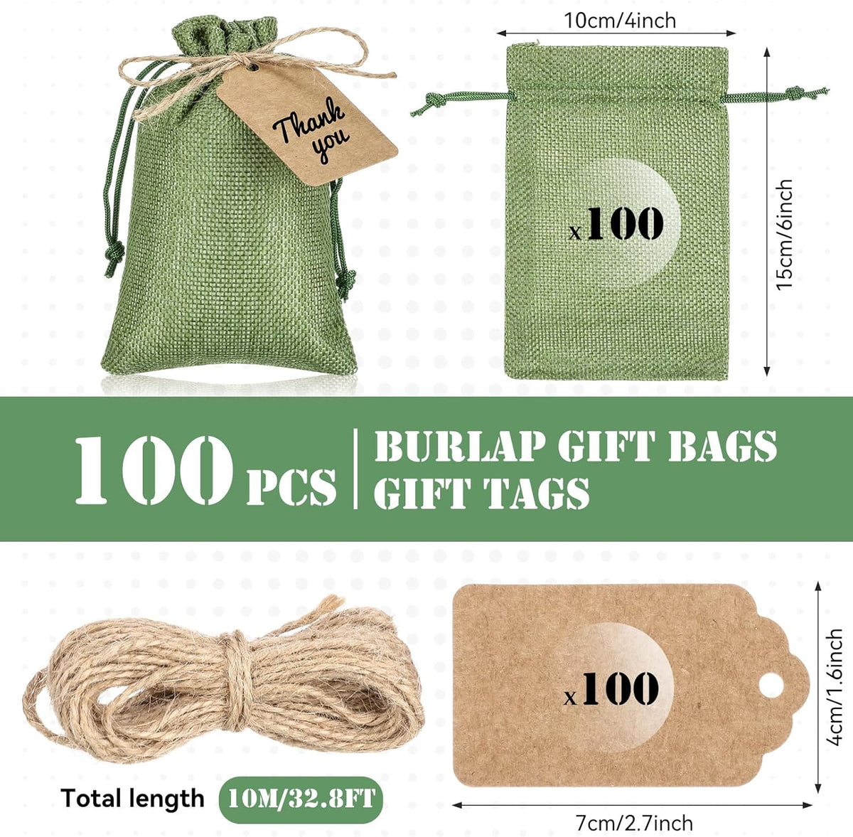 Woanger 100 Pcs Burlap Gift Bags with 100 Pcs Kraft Paper Gift Tags Drawstring Favor Bulk Burlap