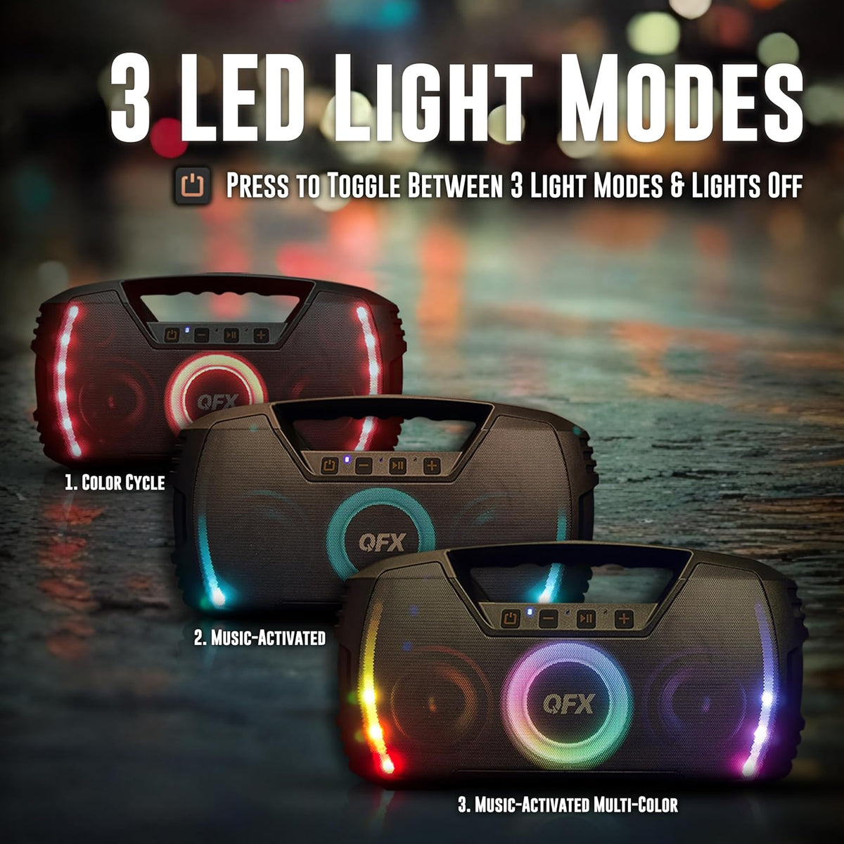 Powerful & Portable Waterproof All Terrain Bluetooth Speaker with Deep Bass, LED Party Lights, Fast