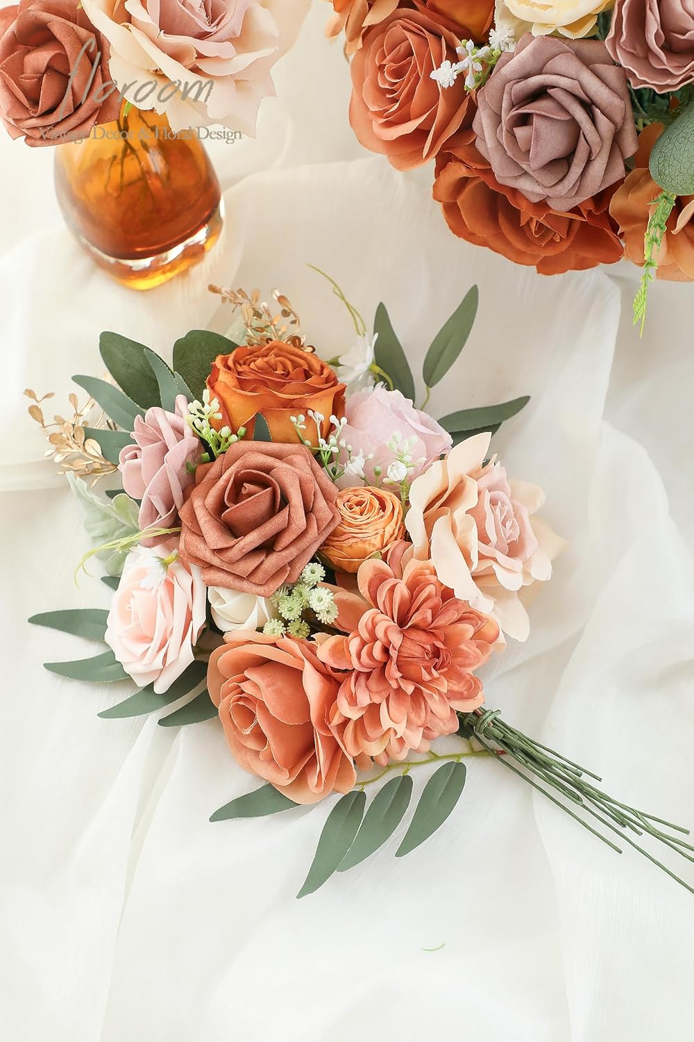 Floroom Terracotta Artificial Flowers Burnt Orange Fake Roses Peonies Dahlias and Greenery Combo