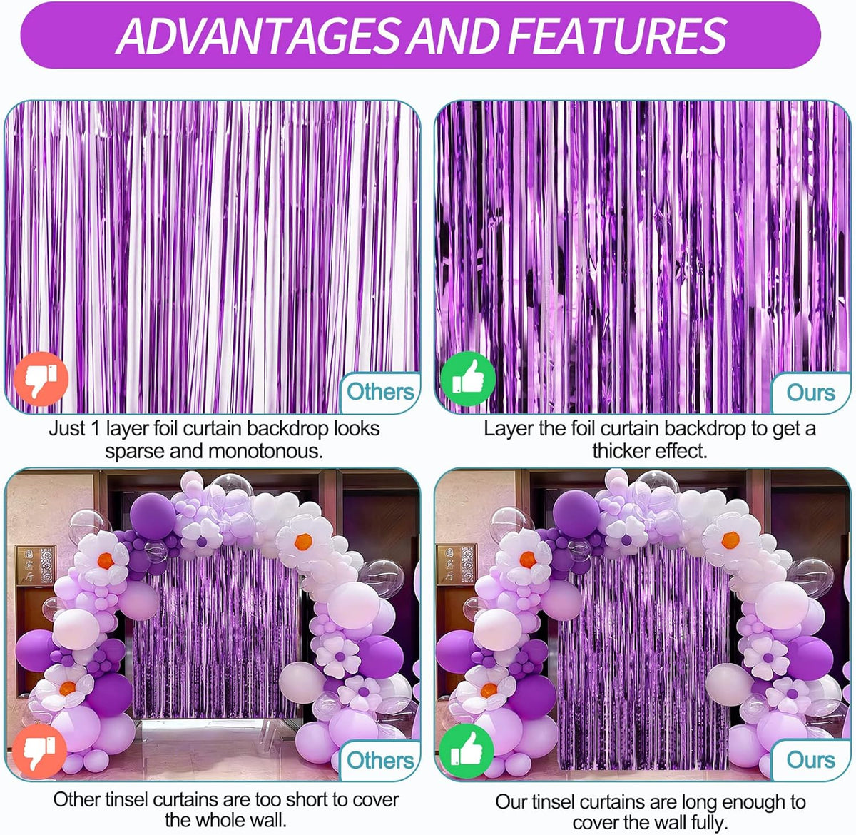 Crosize 7 Pack 3.3 x 9.9 ft Purple Foil Fringe Backdrop Curtain, Streamer Backdrop Curtains