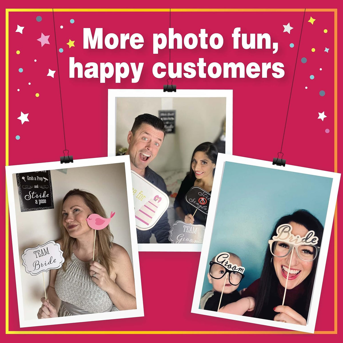Wedding Photo Booth Props with 8 x 10-Inch Sign, 45 Adhesive Pads, 35 Wooden Sticks - Signs for